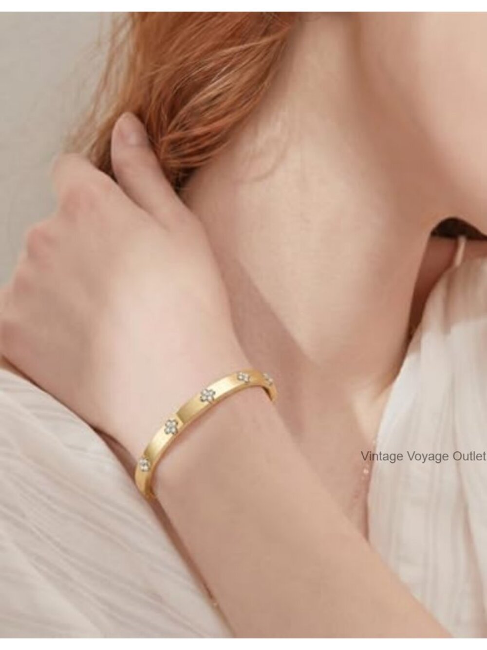 14K Gold Plated Cuff Bracelet Inlaid Four-Leaf Clover Moissanite Hinge Clasp - Picture 5 of 6